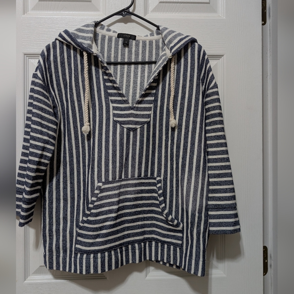 JCrew Baja Pullover Woven Striped Navy and White Hoodie Womens Size XS